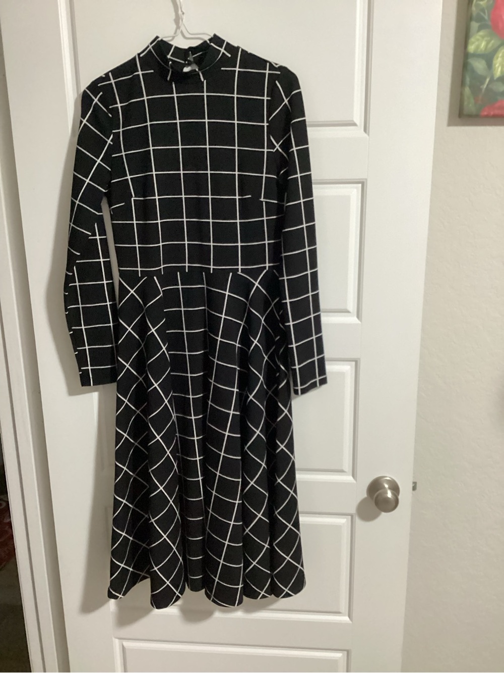 Black Windowpane Long-Sleeve Fit & Flare Dress